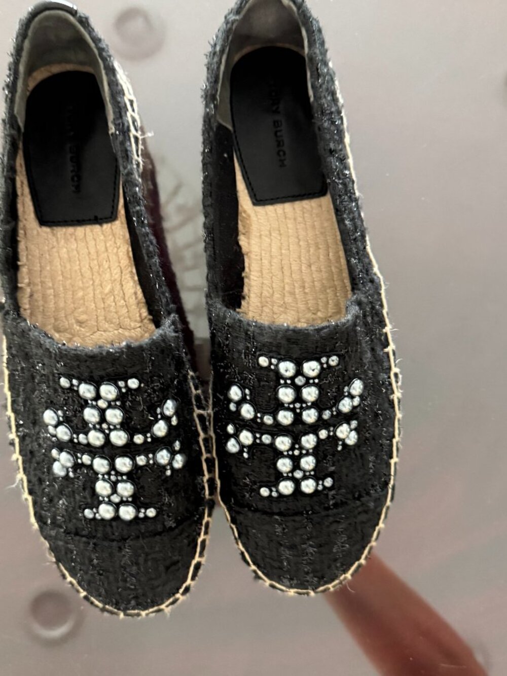 Tory Burch Pearl Logo Willa Tweed Espadrilles Black 8.5